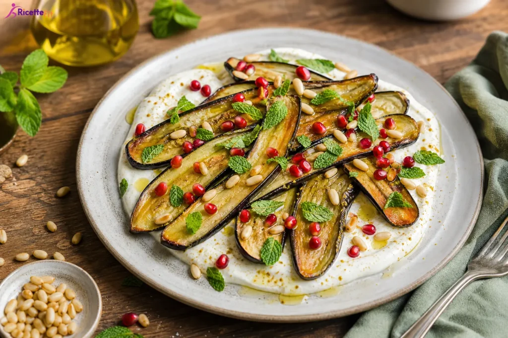 Melanzane al forno con yogurt greco, menta, pinoli e melagrana