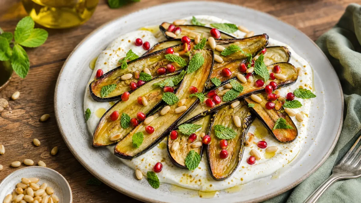 Melanzane al forno con yogurt greco, menta, pinoli e melagrana