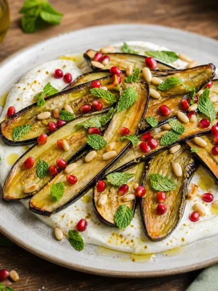 Melanzane al forno con yogurt greco, menta, pinoli e melagrana