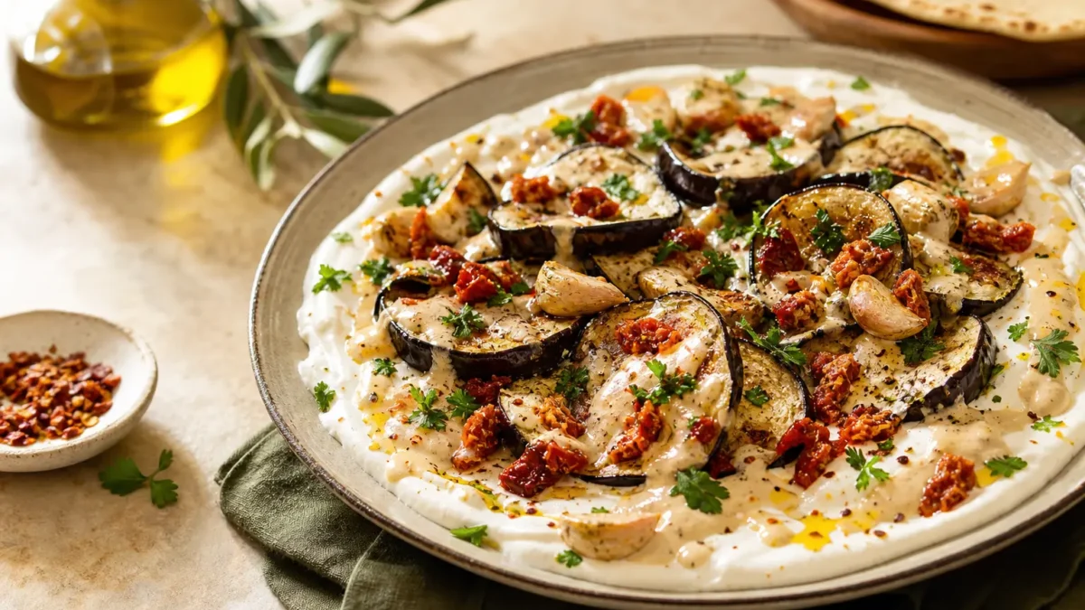 Melanzane arrostite con crema di yogurt greco, tahina e pomodori secchi