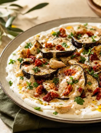 Melanzane arrostite con crema di yogurt greco, tahina e pomodori secchi