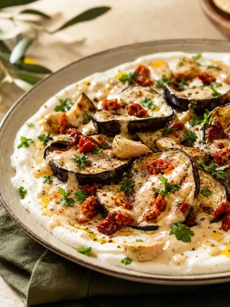 Melanzane arrostite con crema di yogurt greco, tahina e pomodori secchi