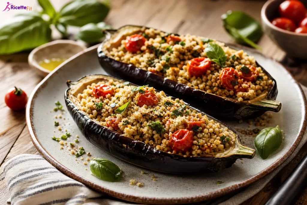 Melanzane ripiene di cous cous integrale light con pomodorini e basilico