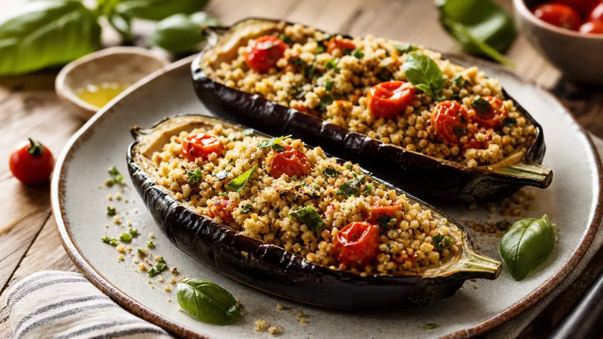 Melanzane ripiene di cous cous integrale light con pomodorini e basilico