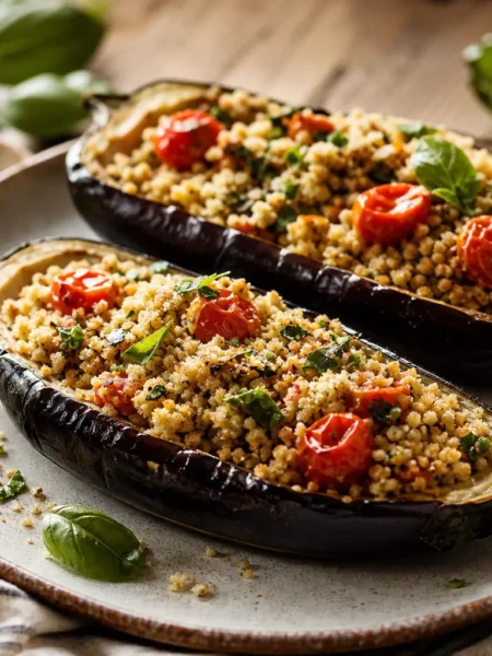 Melanzane ripiene di cous cous integrale light con pomodorini e basilico