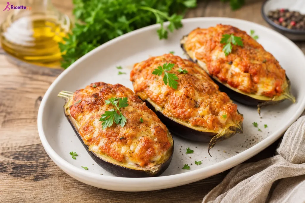Melanzane ripiene light al forno con tacchino, pomodoro e mozzarella
