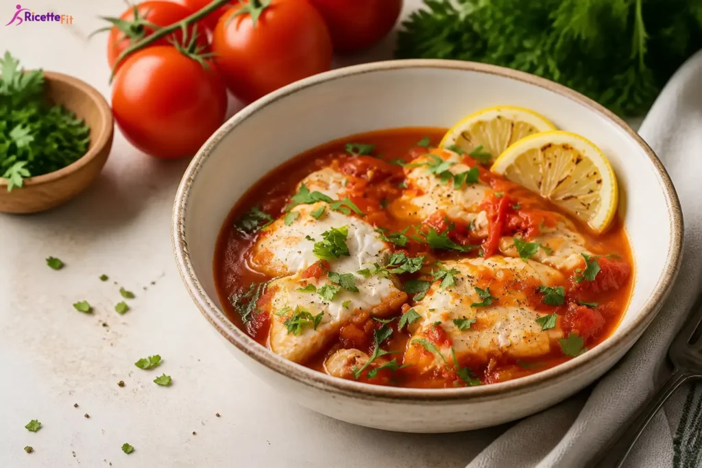 Merluzzo in padella con pomodorini, limone e prezzemolo