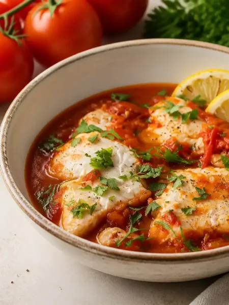 Merluzzo in padella con pomodorini, limone e prezzemolo