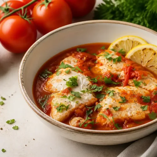 Merluzzo in padella con pomodorino e limone