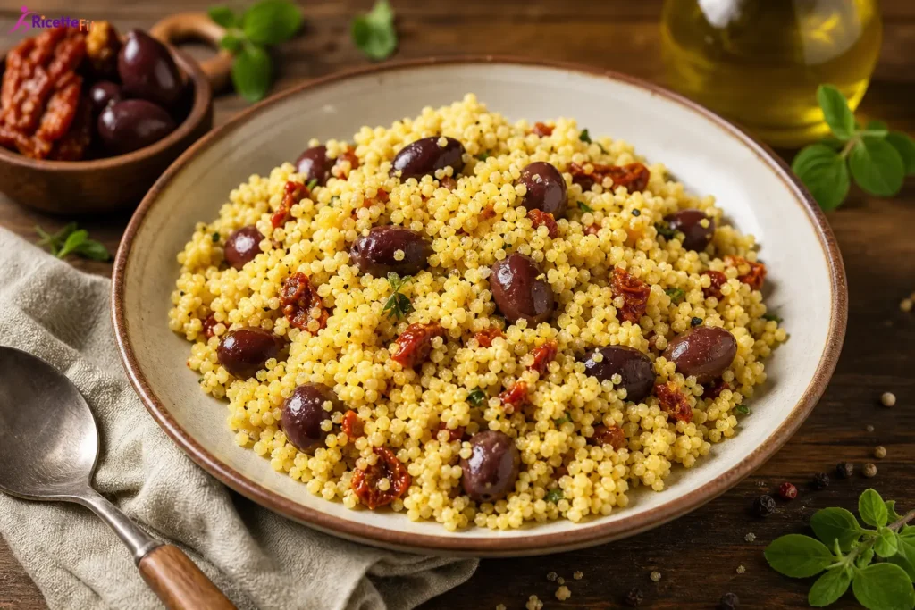 Miglio con pomodori secchi, olive nere ed erbe aromatiche