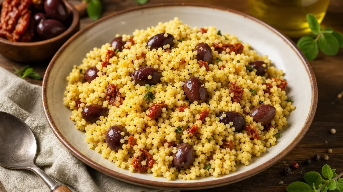 Miglio con pomodori secchi, olive nere ed erbe aromatiche