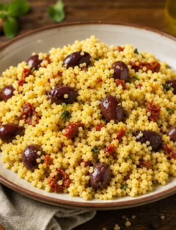 Miglio con pomodori secchi, olive nere ed erbe aromatiche
