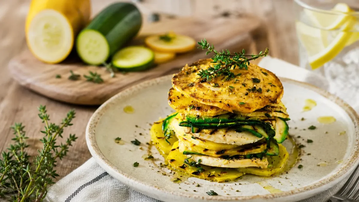 Millefoglie fit di patate e zucchine con pollo, limone e timo