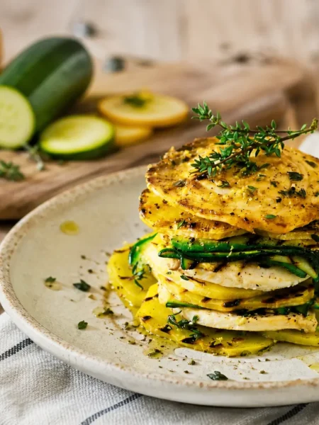 Millefoglie fit di patate e zucchine con pollo, limone e timo