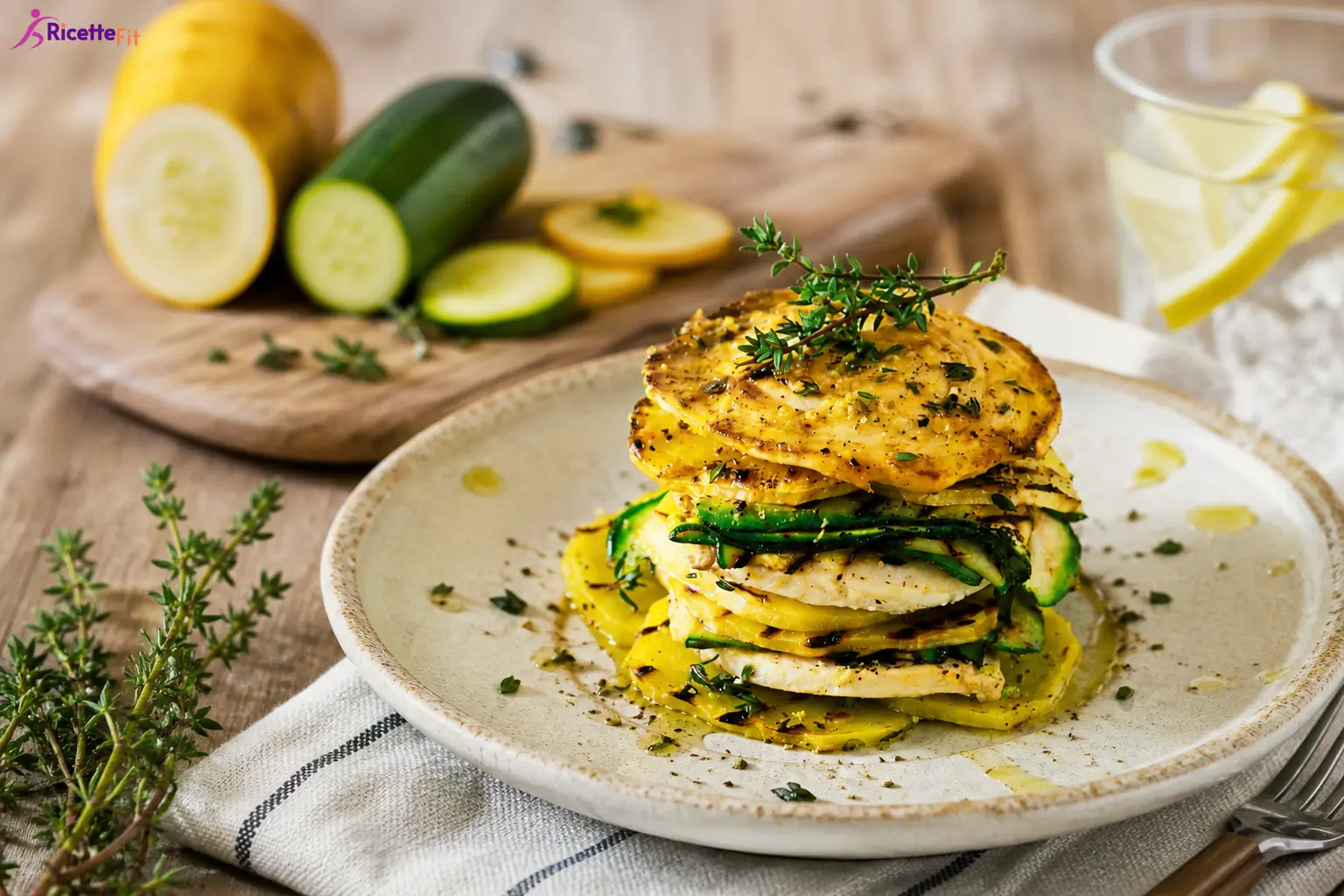 Millefoglie fit di patate e zucchine con pollo, limone e timo