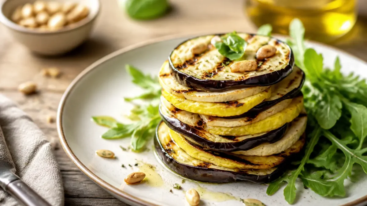 Millefoglie fit di tofu e melanzane grigliate con rucola e mandorle