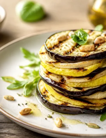 Millefoglie fit di tofu e melanzane grigliate con rucola e mandorle