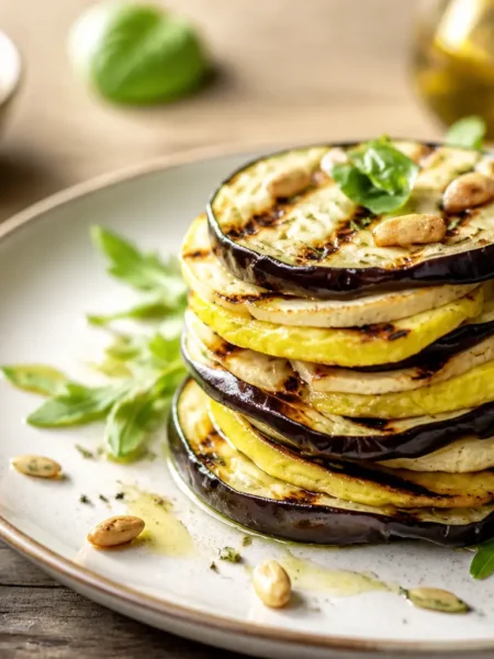 Millefoglie fit di tofu e melanzane grigliate con rucola e mandorle