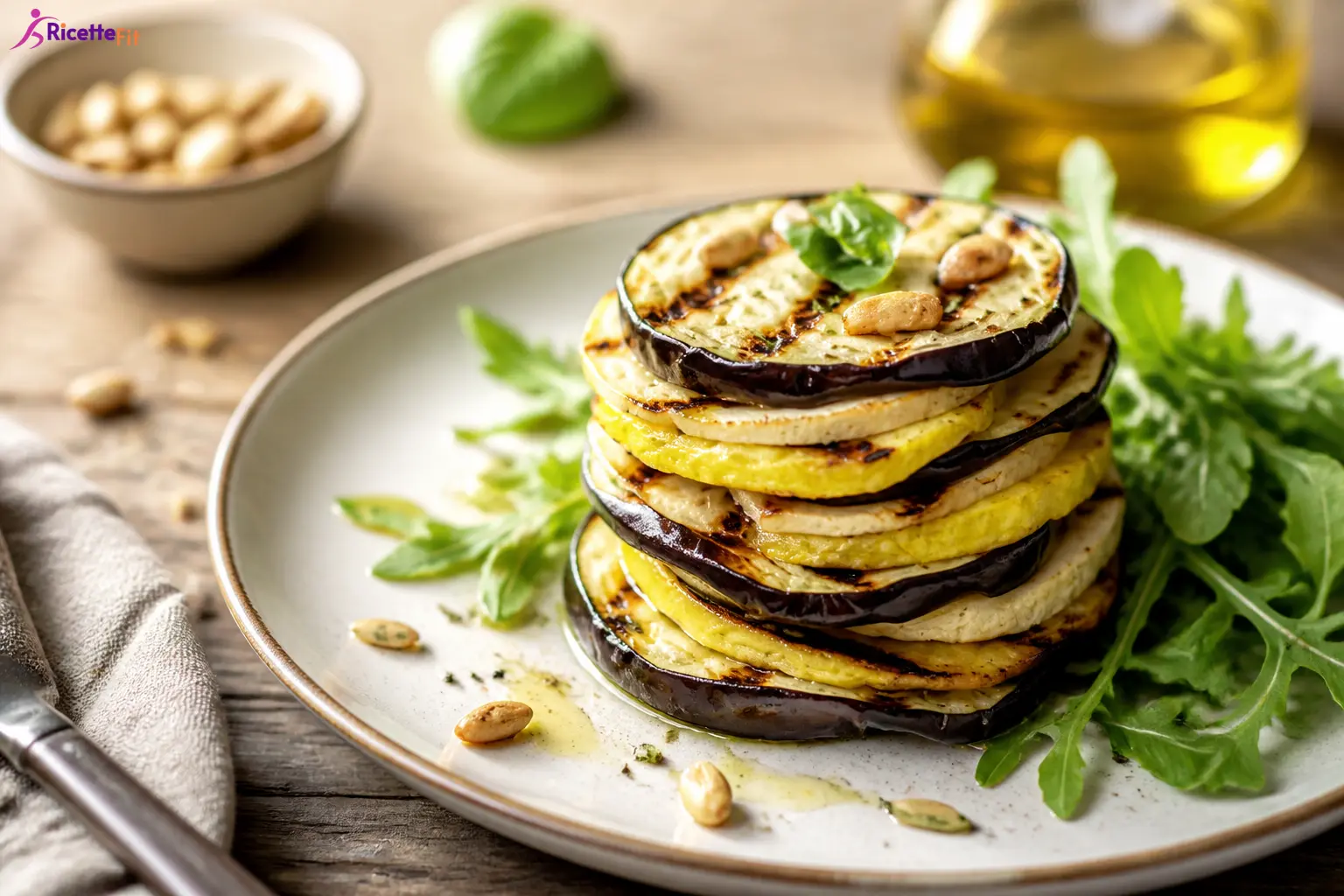 Millefoglie fit di tofu e melanzane grigliate con rucola e mandorle