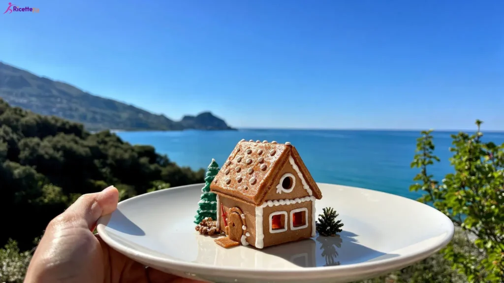 Mini casetta di pan di zenzero fit su piatto con mare di Cefalù sullo sfondo