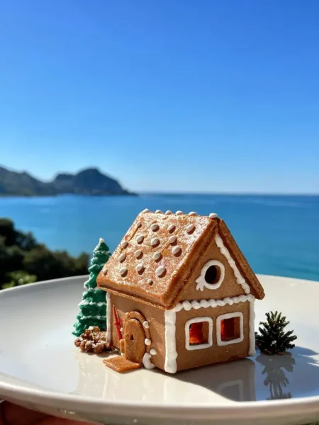 Mini casetta di pan di zenzero fit su piatto con mare di Cefalù sullo sfondo