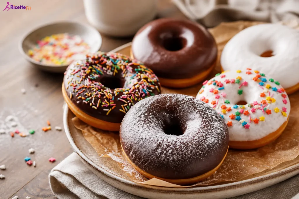 Mini donuts senza glutine al forno con glassa al cioccolato, yogurt e confettini colorati