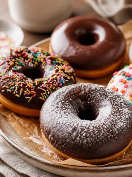 Mini donuts senza glutine al forno con glassa al cioccolato, yogurt e confettini colorati