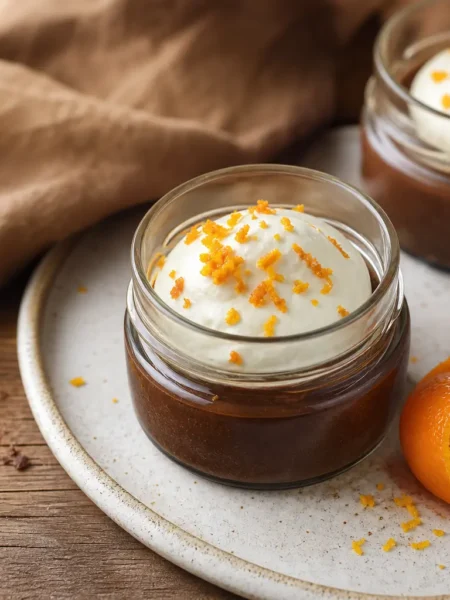 Mousse di cioccolato e arancia all’acqua in vasetti con crema bianca