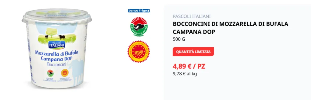 Bocconcini di mozzarella di bufala campana DOP Pascoli Italiani da 500 g in offerta Eurospin a 4,89 euro