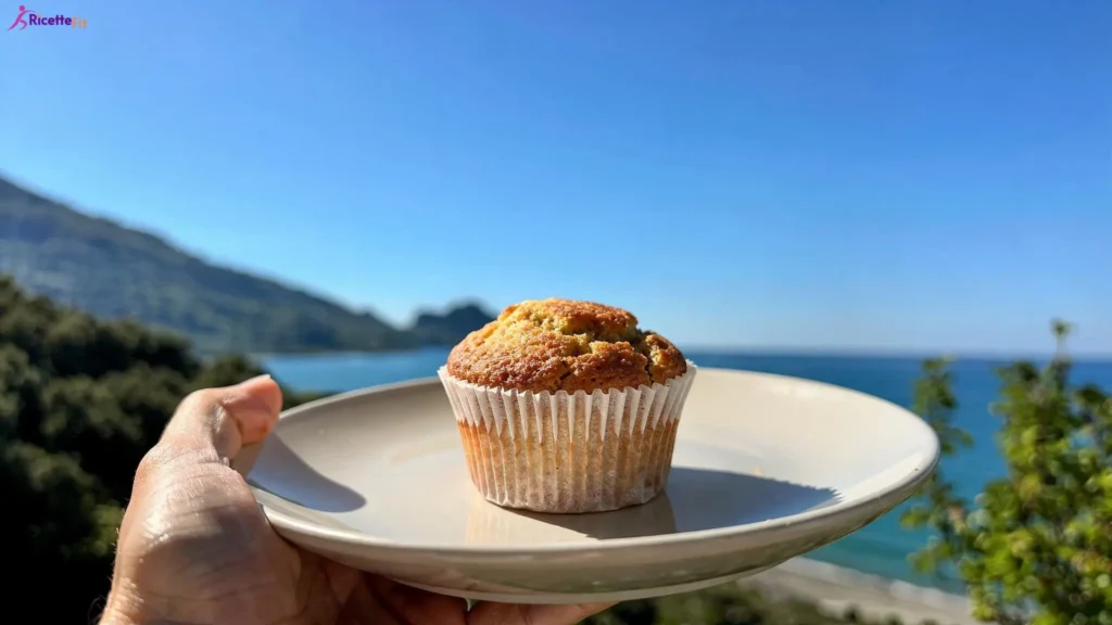 Muffin allo yogurt su piatto bianco con vista mare a Cefalù