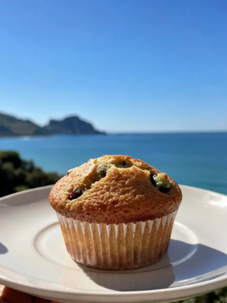 Muffin vegan di carote e carrube su piatto con vista mare a Cefalù