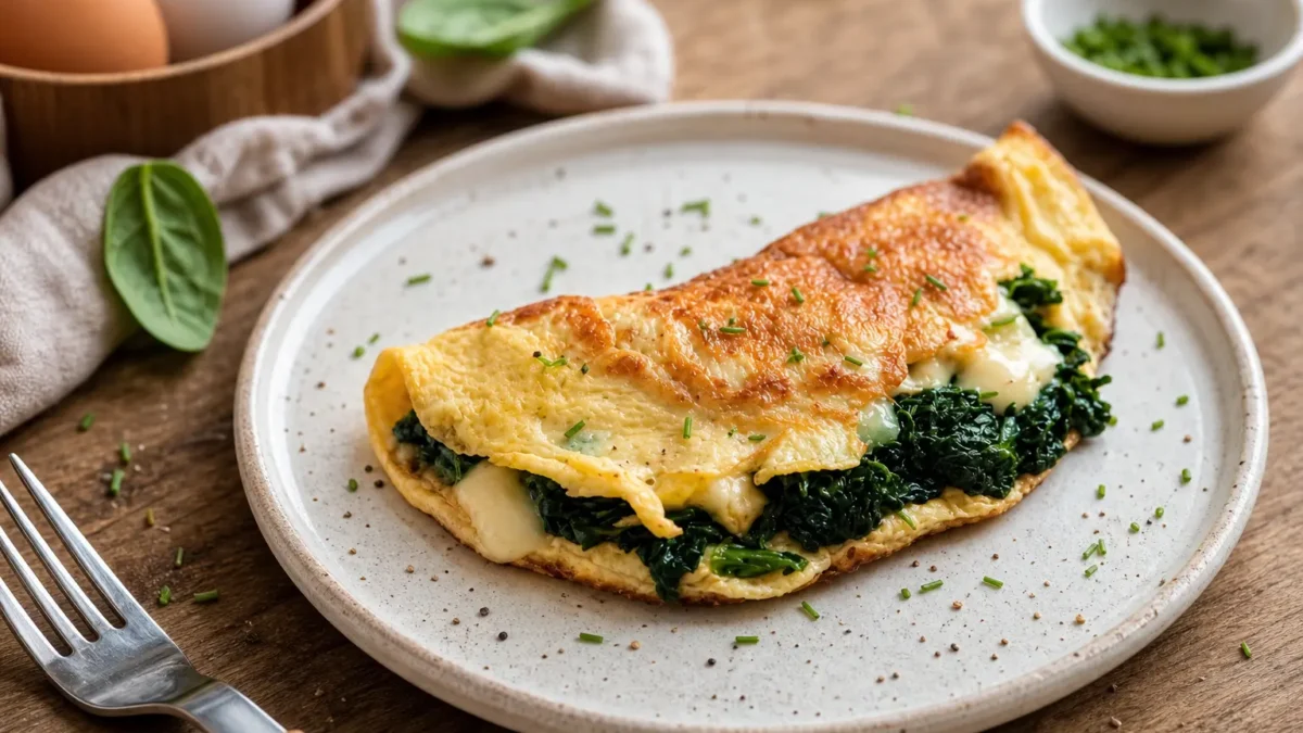 Omelette ripiena con spinaci, tacchino e mozzarella light filante