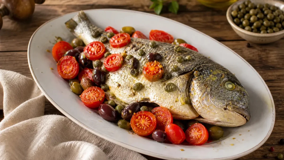 Orata al cartoccio con pomodorini, capperi e olive