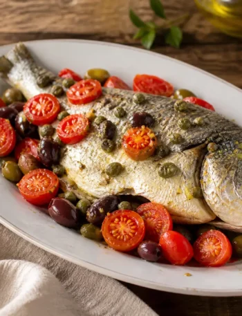 Orata al cartoccio con pomodorini, capperi e olive