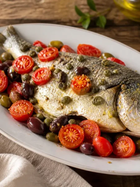 Orata al cartoccio con pomodorini, capperi e olive