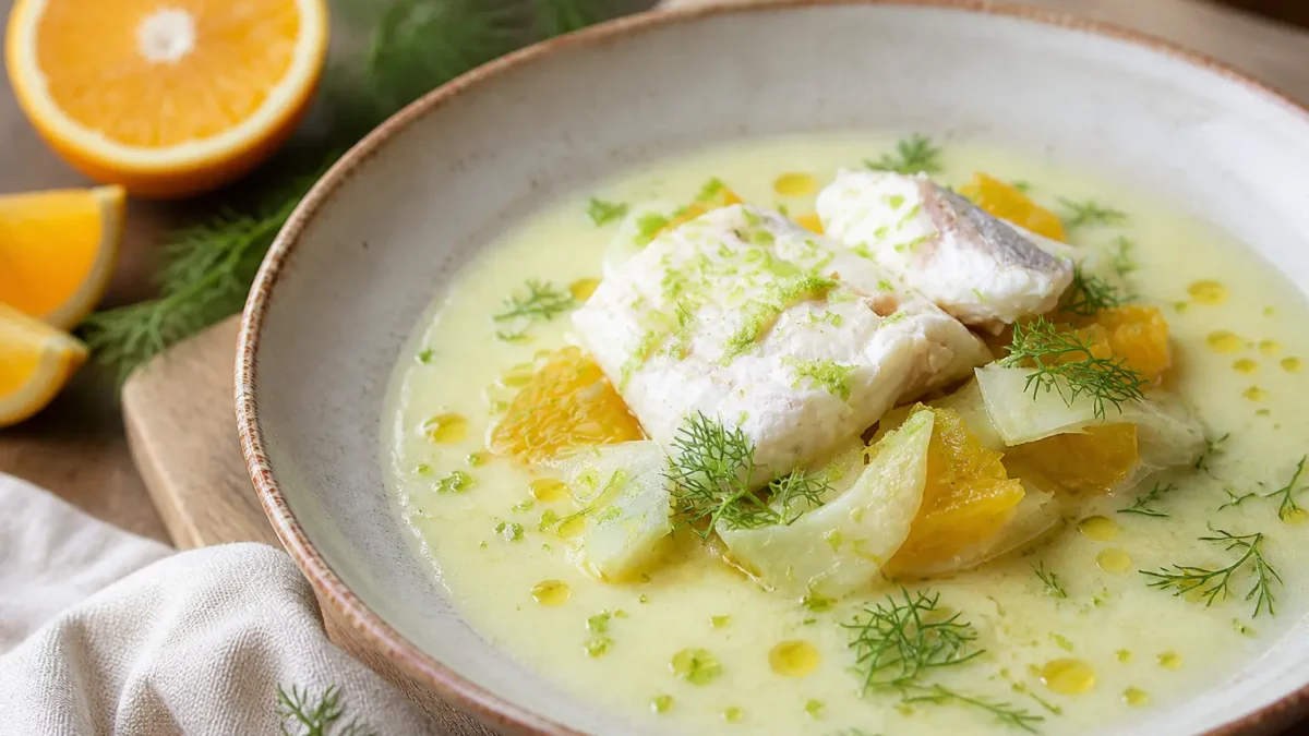 Orata con crema di finocchio e arancia, finocchi e aneto