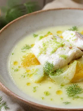 Orata con crema di finocchio e arancia, finocchi e aneto
