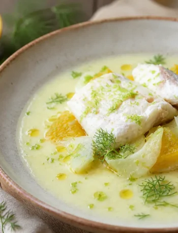 Orata con crema di finocchio e arancia, finocchi e aneto