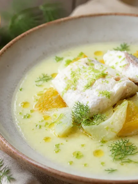 Orata con crema di finocchio e arancia, finocchi e aneto