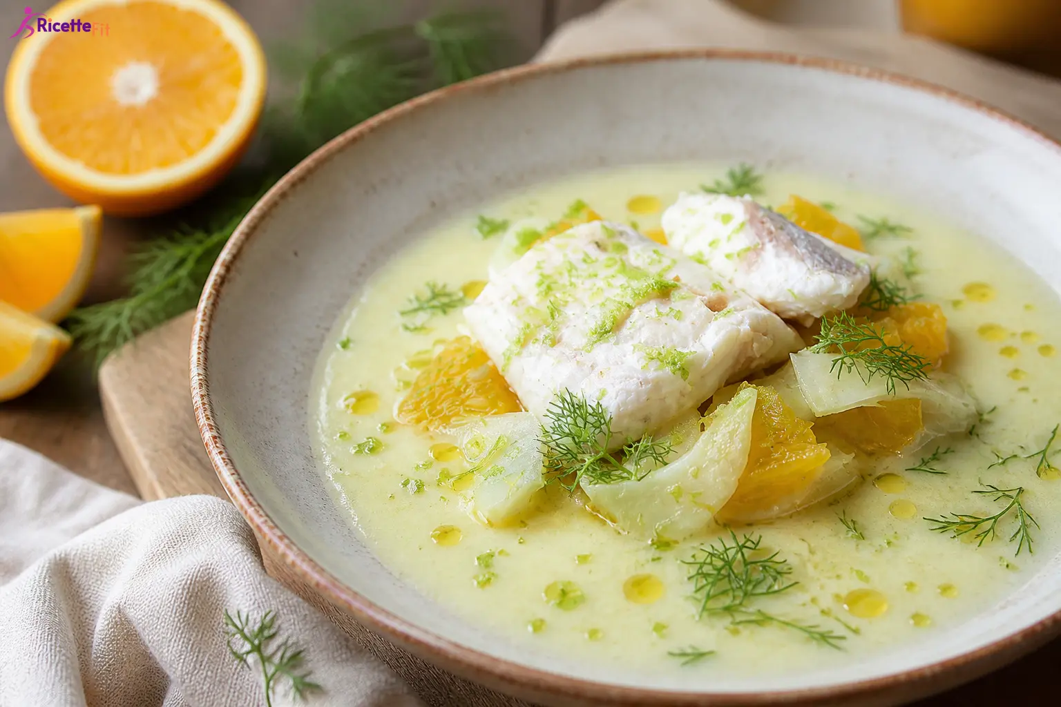 Orata con crema di finocchio e arancia, finocchi e aneto