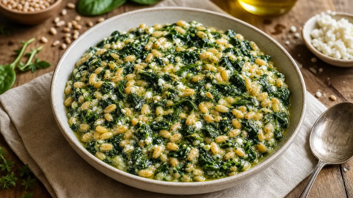 Orzotto con spinaci e feta light cremoso in ciotola