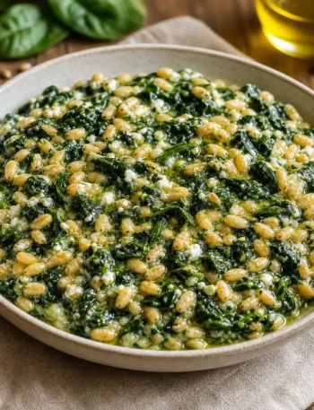 Orzotto con spinaci e feta light cremoso in ciotola
