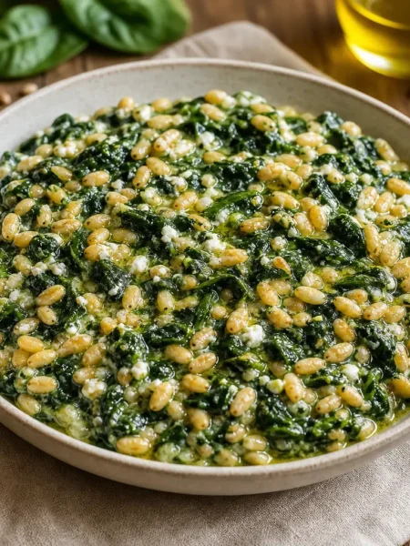 Orzotto con spinaci e feta light cremoso in ciotola