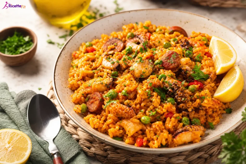 Paella fit con pollo, gamberi, piselli e limone