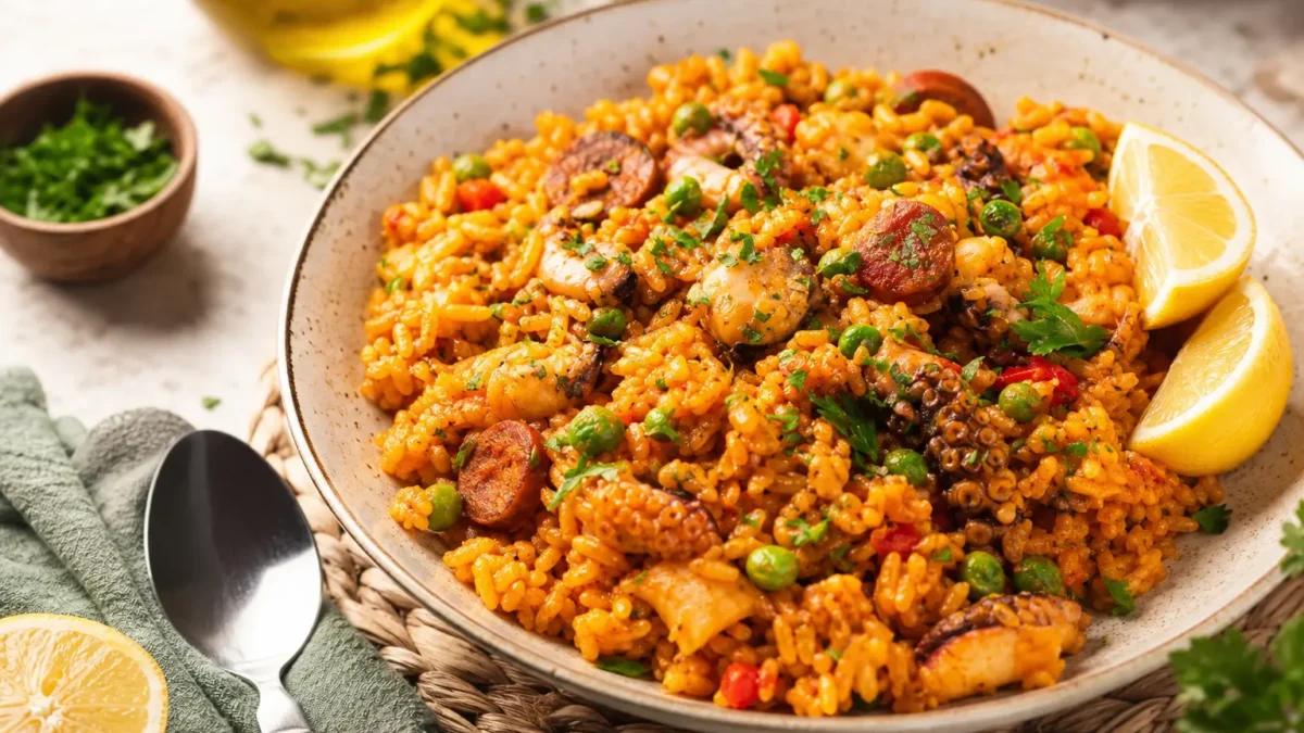 Paella fit con pollo, gamberi, piselli e limone