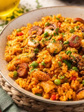 Paella fit con pollo, gamberi, piselli e limone