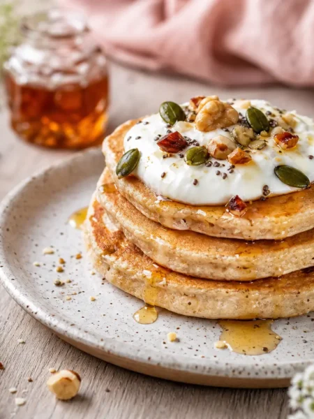 Pancake integrali senza zucchero vegan con yogurt di soia, semi e frutta secca