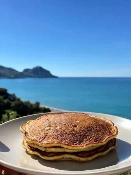 Pancake vegani morbidissimi su piatto con vista mare a Cefalù