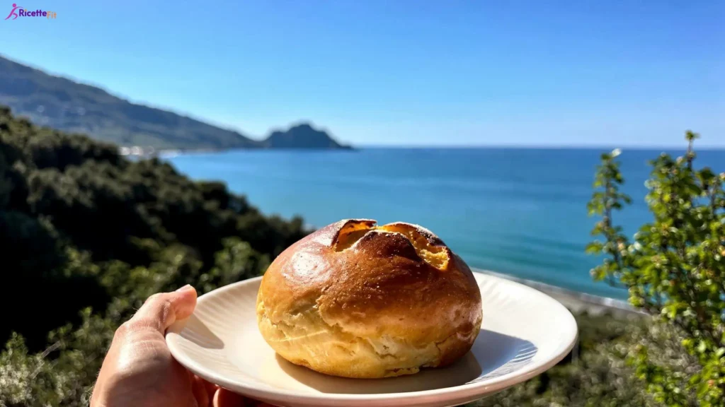 Panino dolce alla zucca fit su piatto bianco con vista mare a Cefalù