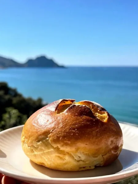 Panino dolce alla zucca fit su piatto bianco con vista mare a Cefalù